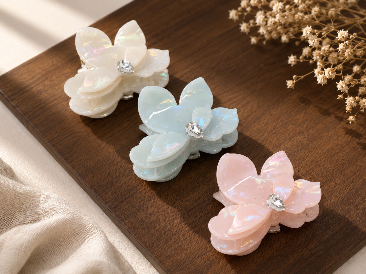 Small-Medium Acetate Flower Hair Claw – Crystal Floral Hair Clip