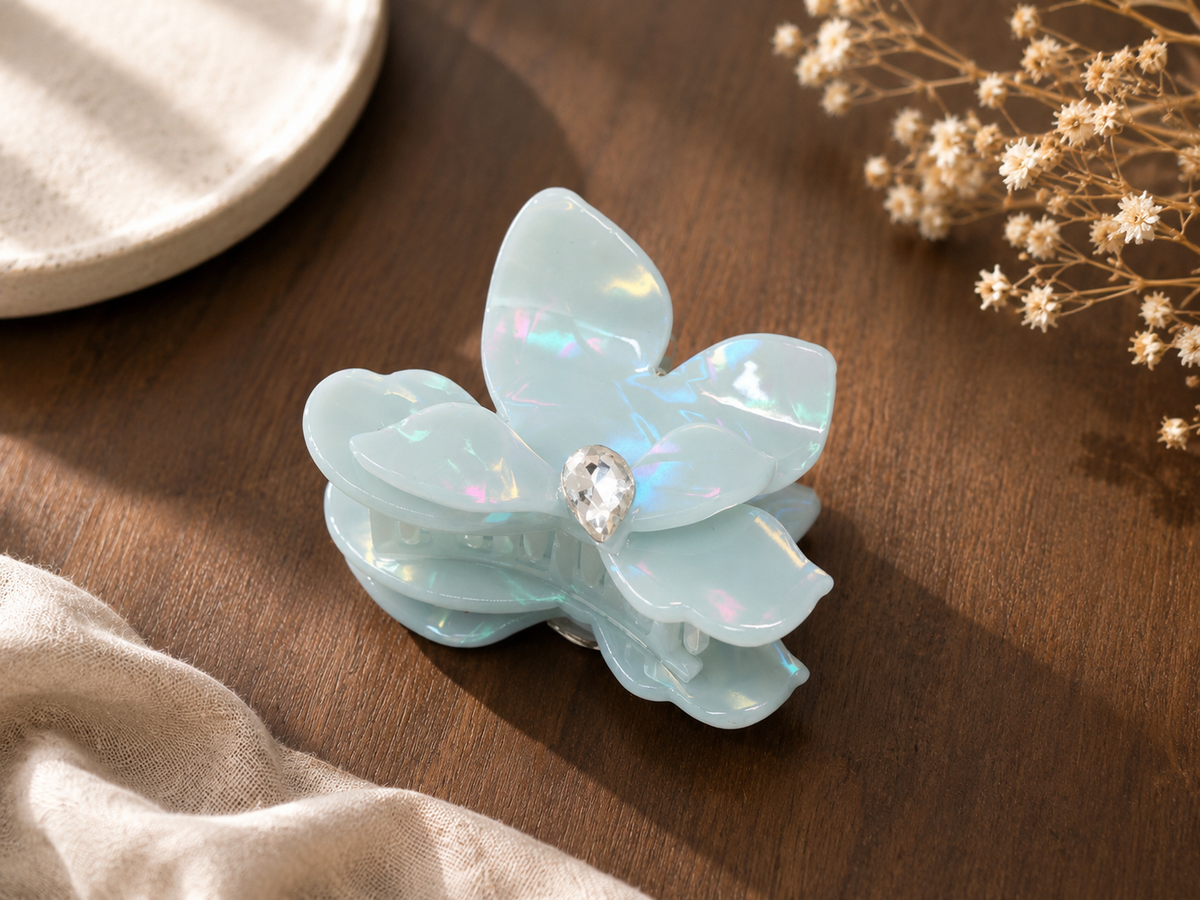 Small-Medium Acetate Flower Hair Claw – Crystal Floral Hair Clip