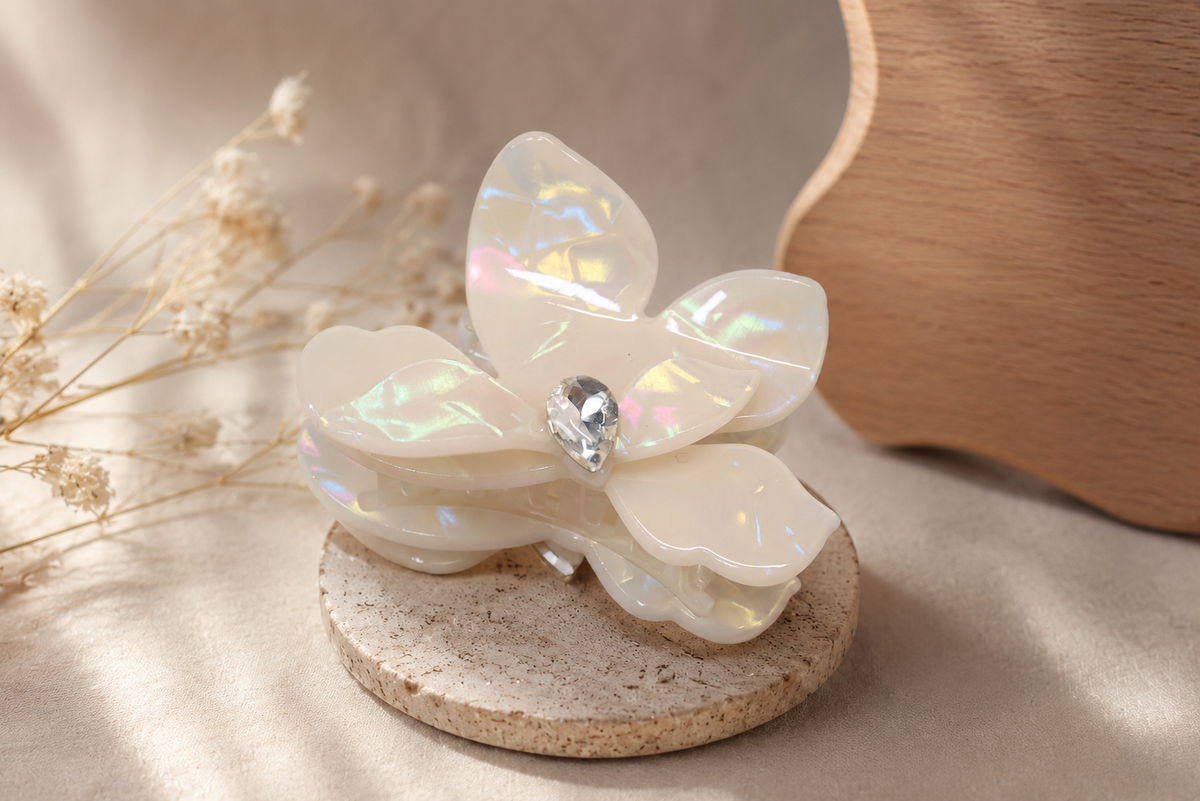 Small-Medium Acetate Flower Hair Claw – Crystal Floral Hair Clip