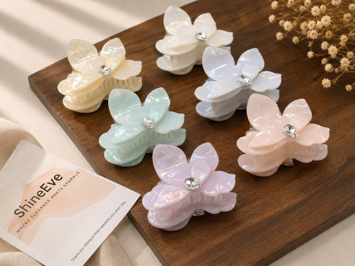 Small-Medium Acetate Flower Hair Claw – Crystal Floral Hair Clip