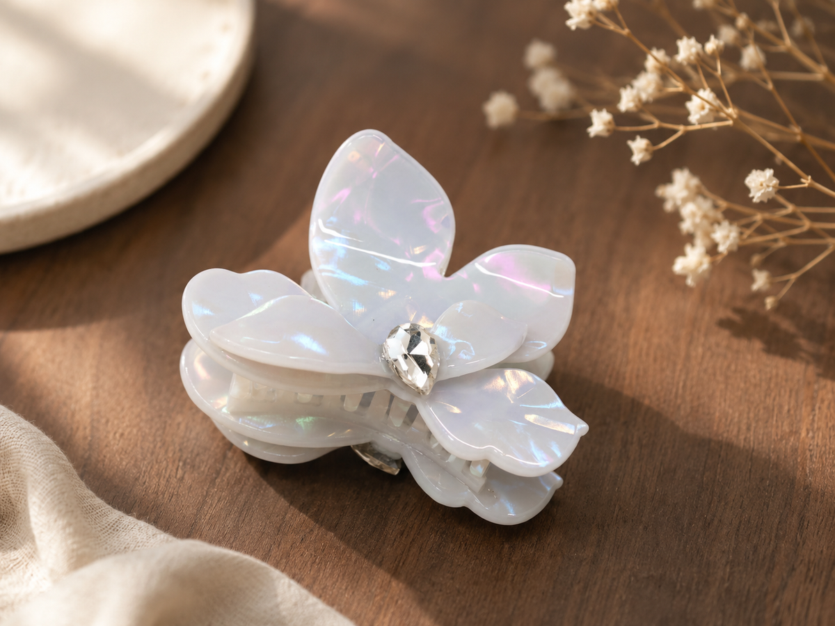 Small-Medium Acetate Flower Hair Claw – Crystal Floral Hair Clip