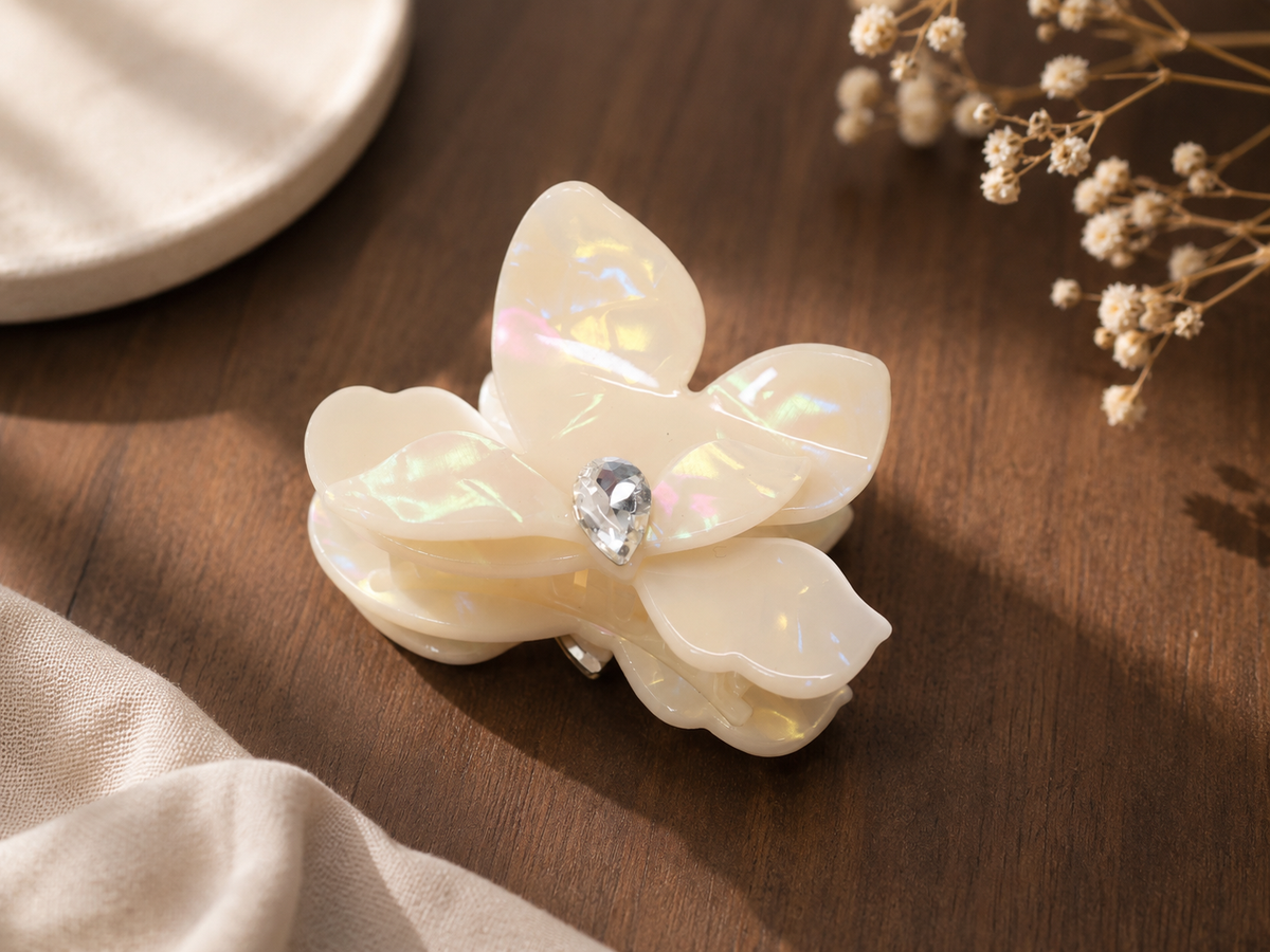 Small-Medium Acetate Flower Hair Claw – Crystal Floral Hair Clip