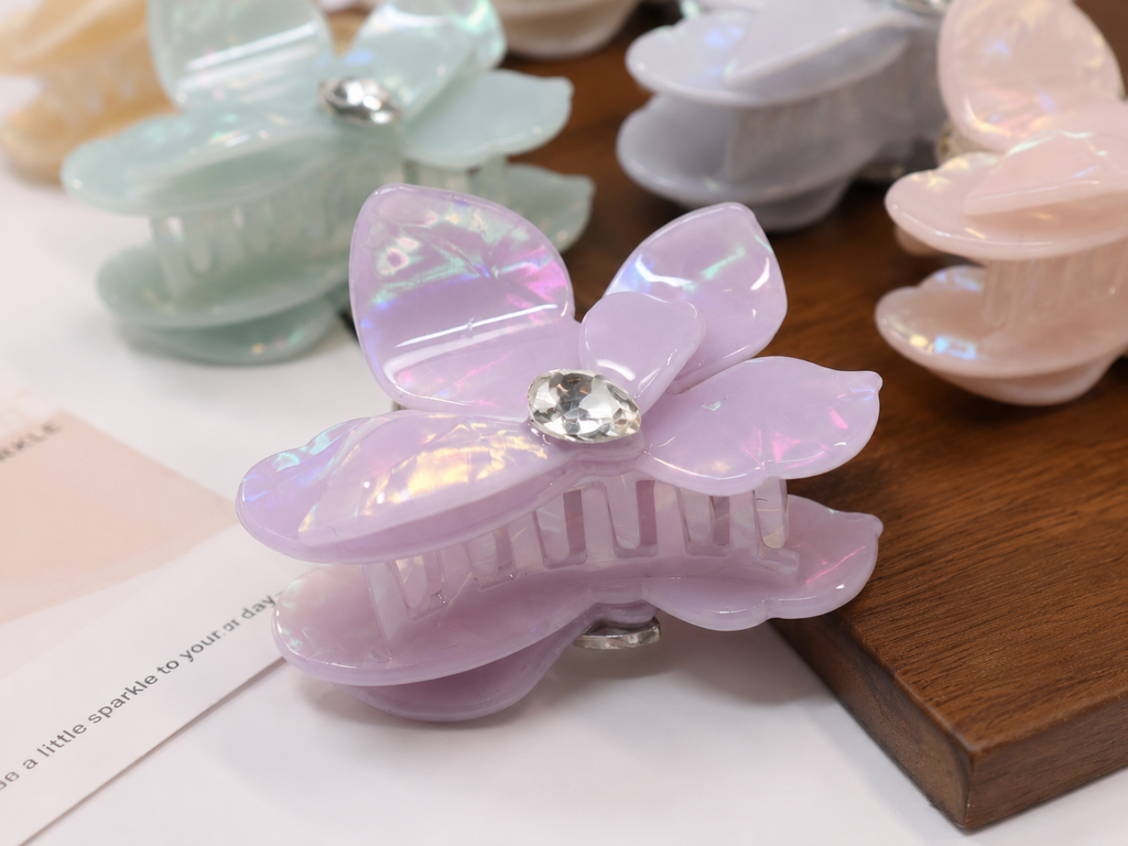 Small-Medium Acetate Flower Hair Claw – Crystal Floral Hair Clip