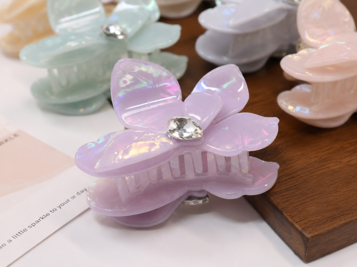 Small-Medium Acetate Flower Hair Claw – Crystal Floral Hair Clip
