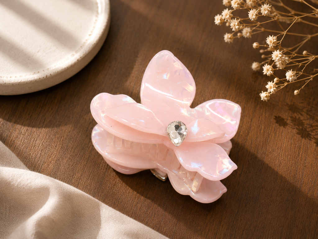 Small-Medium Acetate Flower Hair Claw – Crystal Floral Hair Clip