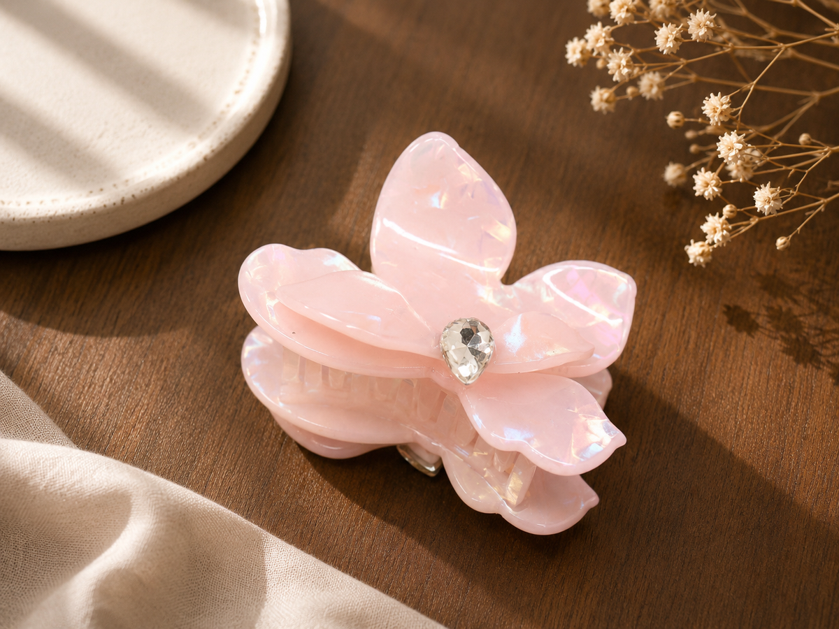 Small-Medium Acetate Flower Hair Claw – Crystal Floral Hair Clip