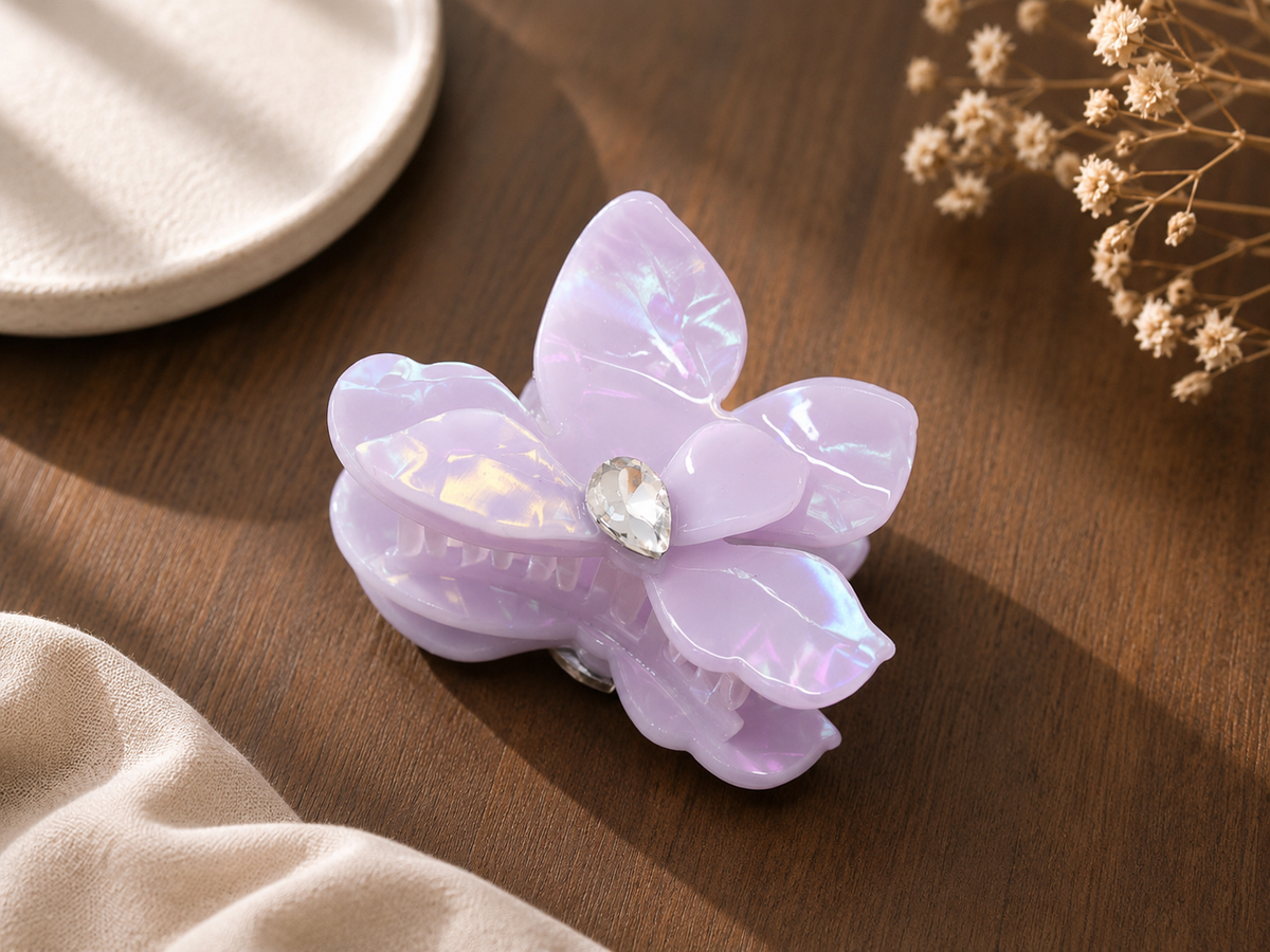 Small-Medium Acetate Flower Hair Claw – Crystal Floral Hair Clip