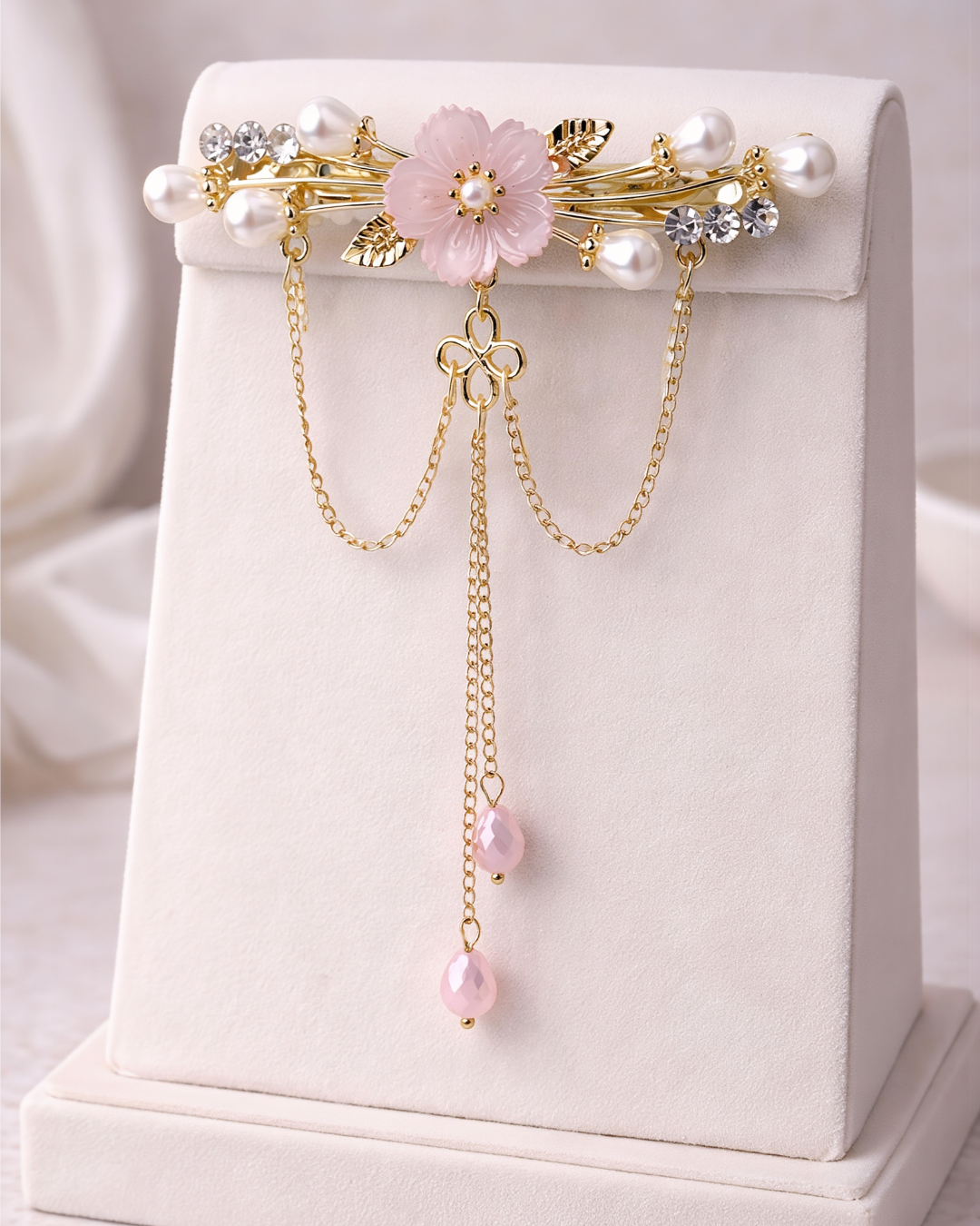 Floral Pearl Barrette with Dangling Gold Chains – Romantic Bridal Hair Clip