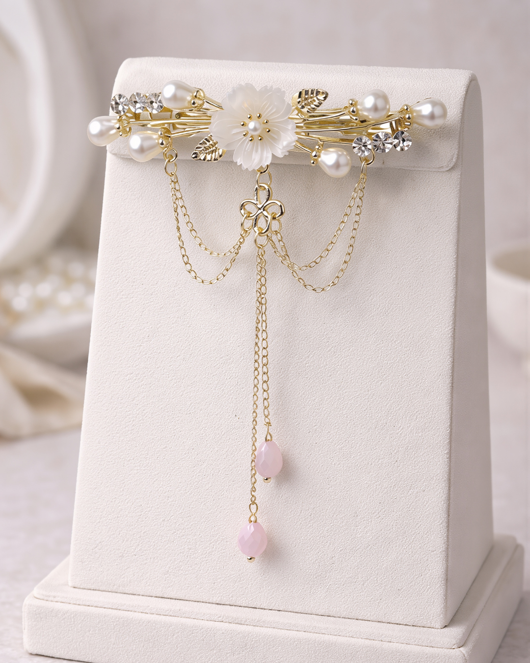 Floral Pearl Barrette with Dangling Gold Chains – Romantic Bridal Hair Clip