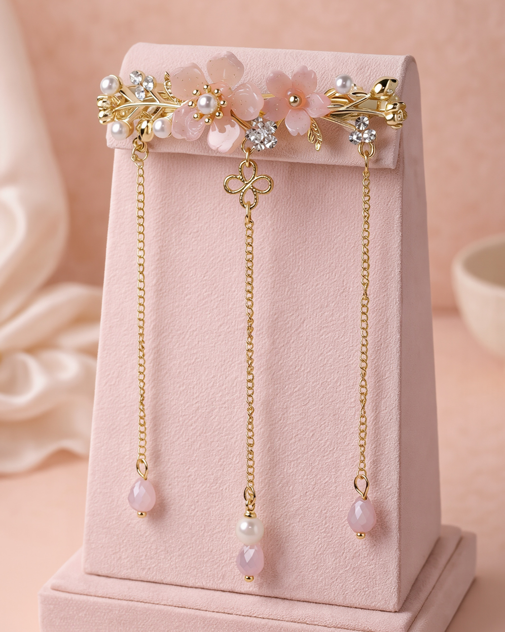Floral Pearl Barrette with Dangling Gold Chains – Romantic Bridal Hair Clip