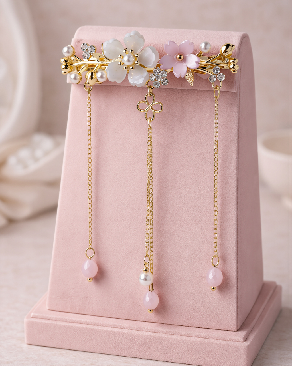 Floral Pearl Barrette with Dangling Gold Chains – Romantic Bridal Hair Clip