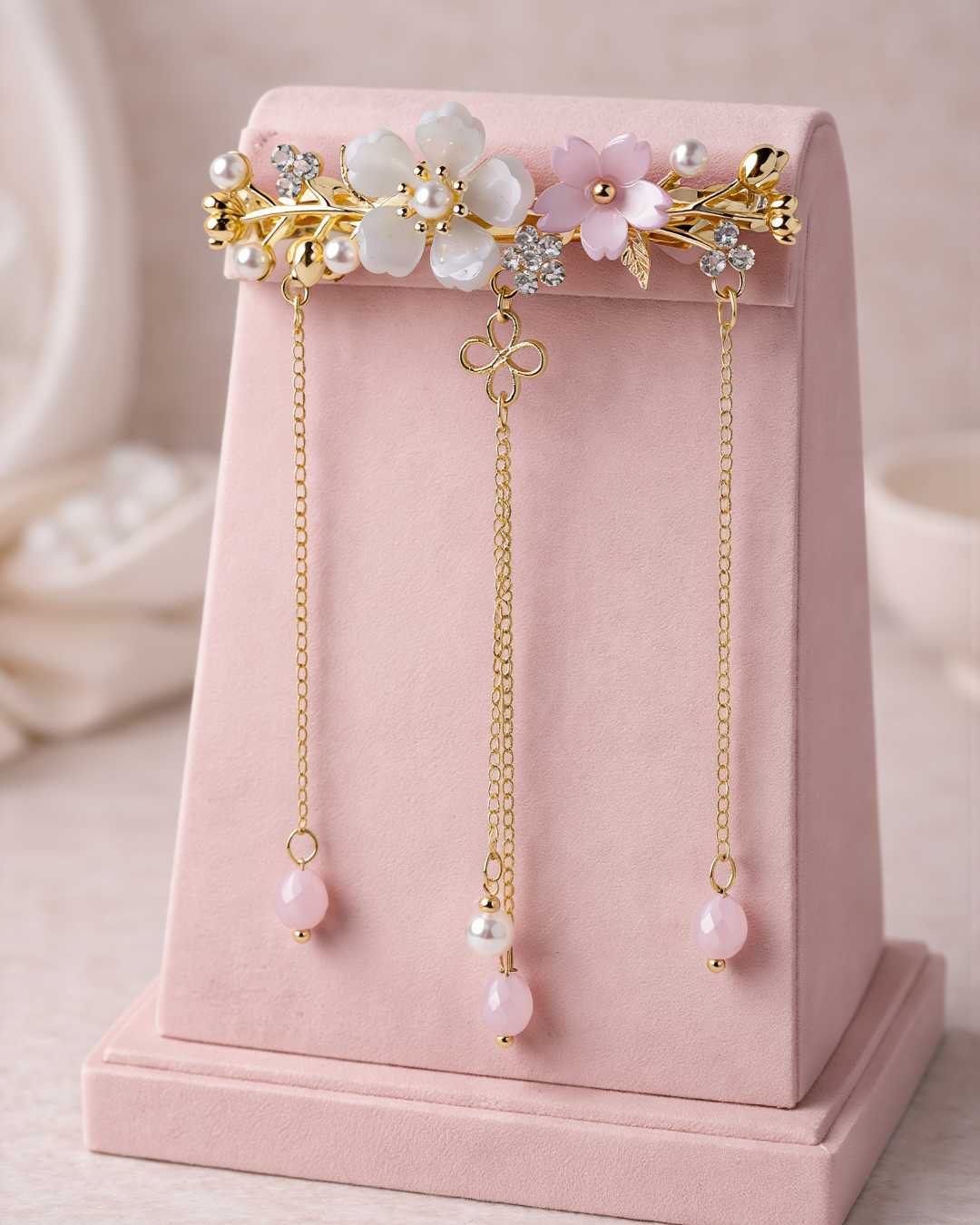 Floral Pearl Barrette with Dangling Gold Chains – Romantic Bridal Hair Clip