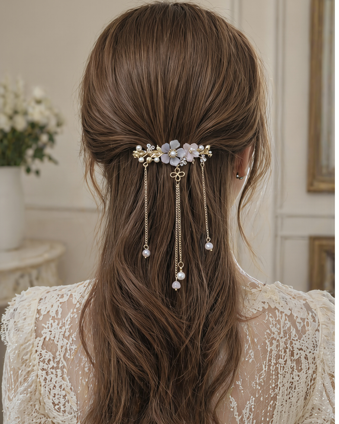 Floral Pearl Barrette with Dangling Gold Chains – Romantic Bridal Hair Clip