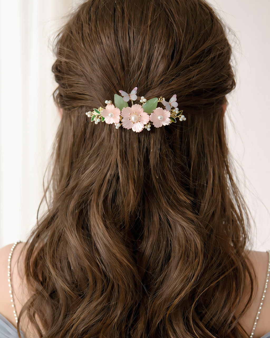 Pink Floral Half-Up Hair Clip with Butterflies & Pearls – Romantic Flower Barrette