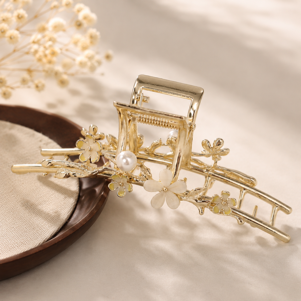 Pearl Blossom Gold Metal Hair Claw – 4.5" Floral French Twist Clip