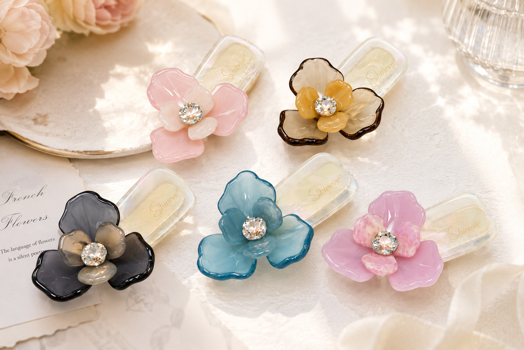 Acetate Flower Hair Clip with Crystal | Floral Snap Hair Clip