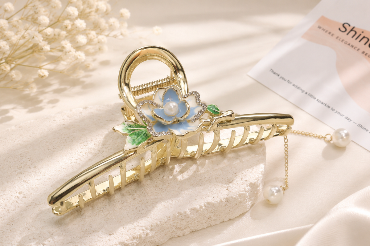Blue Floral Pearl Tassel French Hair Claw