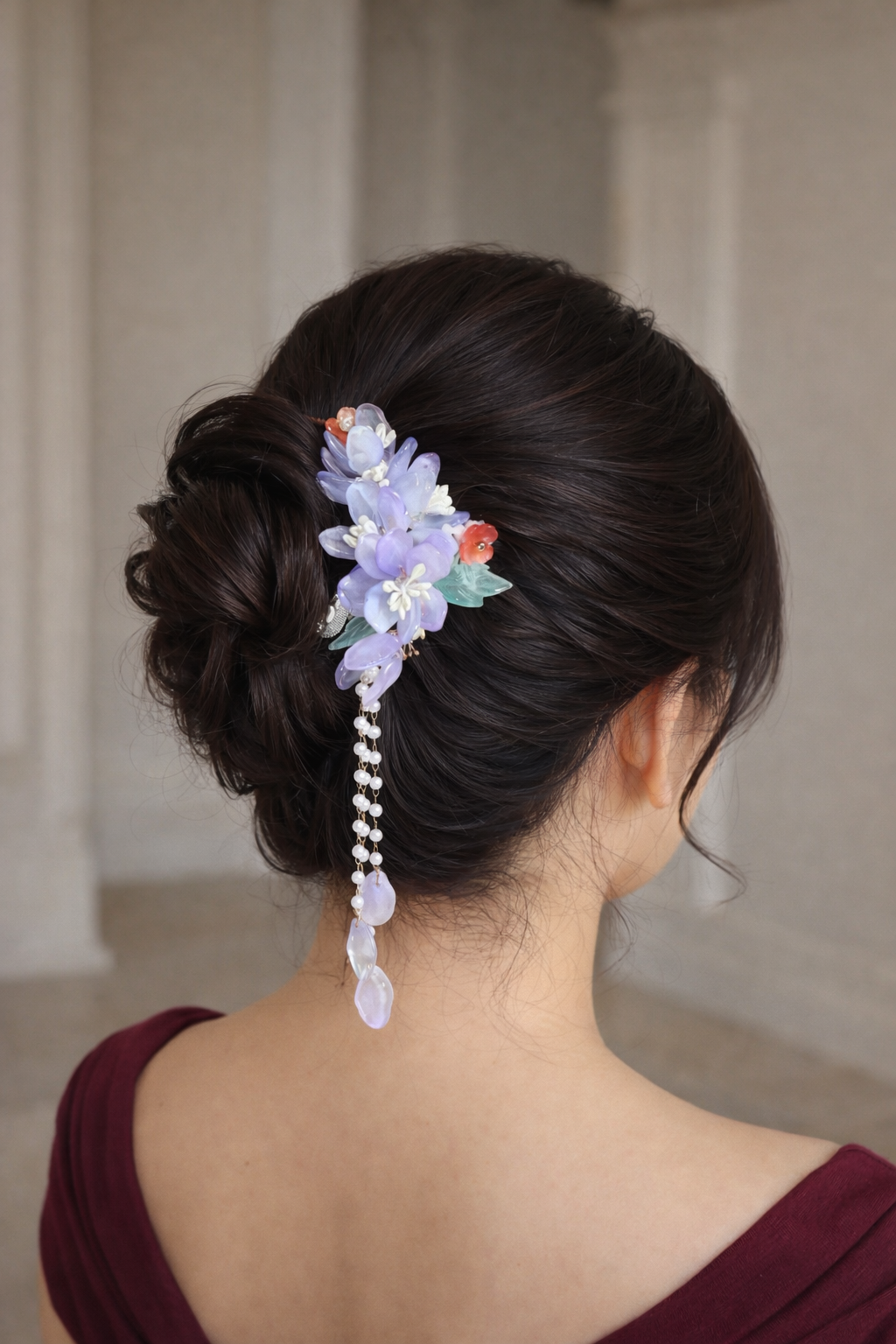 Lavender Floral Bridal Hair Clip with Pearl Tassel | Wedding Hair Accessory
