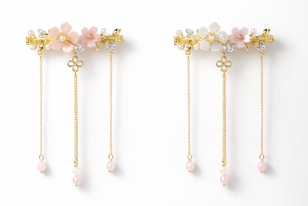 Floral Pearl Barrette with Dangling Gold Chains – Romantic Bridal Hair Clip