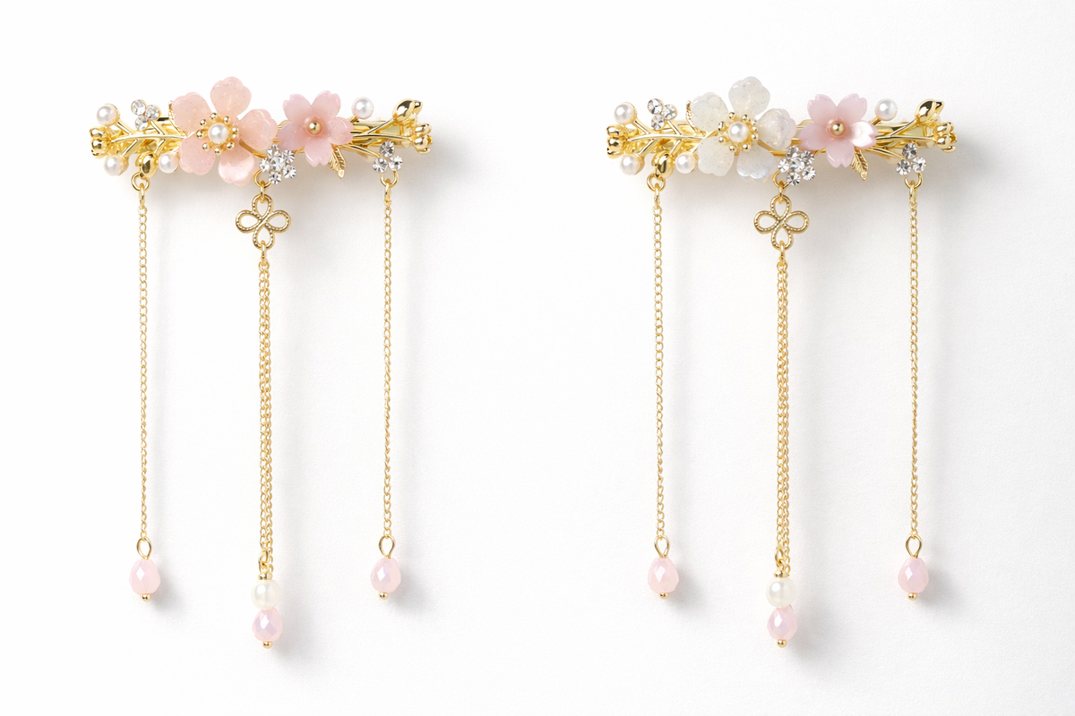 Floral Pearl Barrette with Dangling Gold Chains – Romantic Bridal Hair Clip