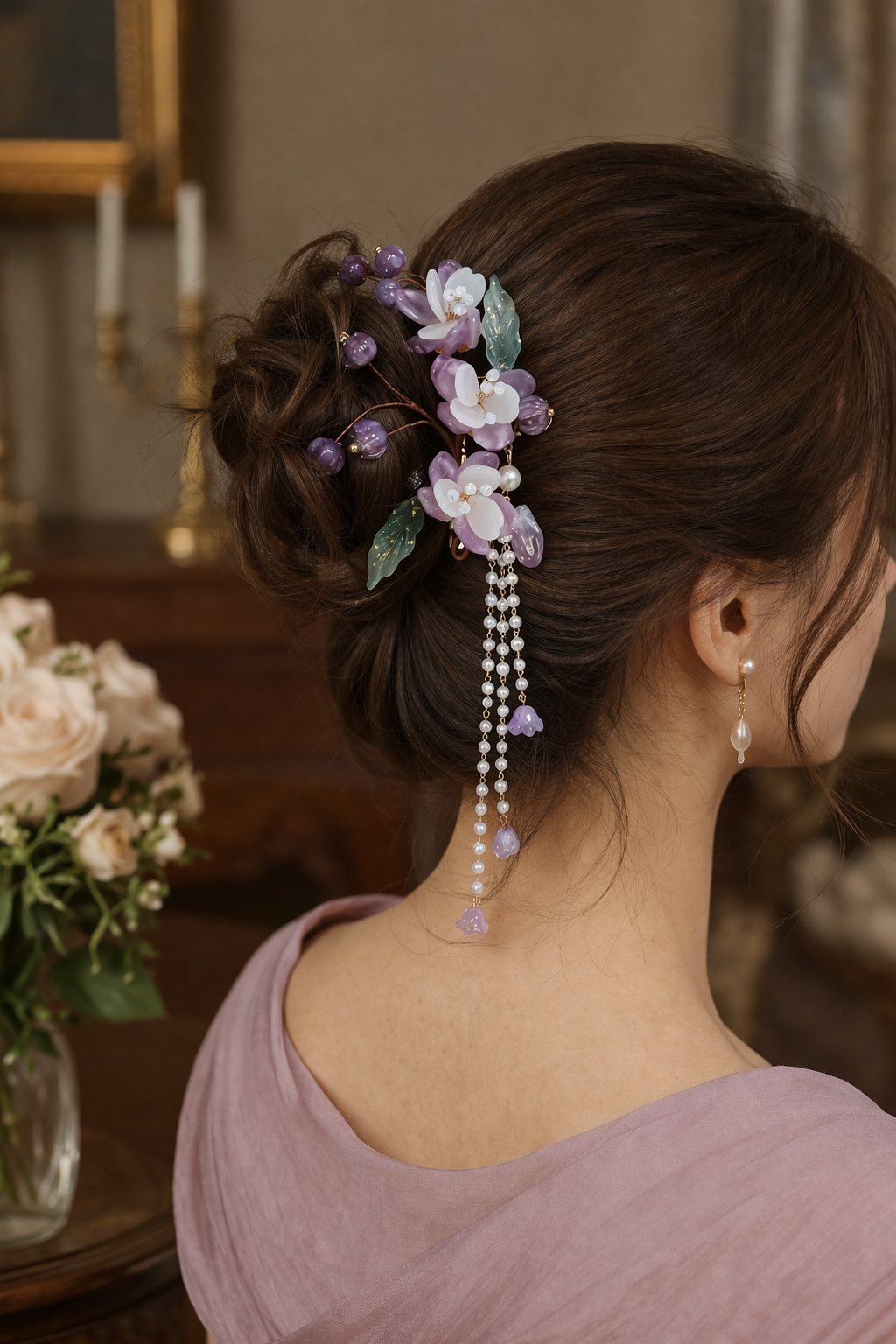 Purple Floral Bridal Hair Clip with Pearl Tassel | Wedding Hair Accessory