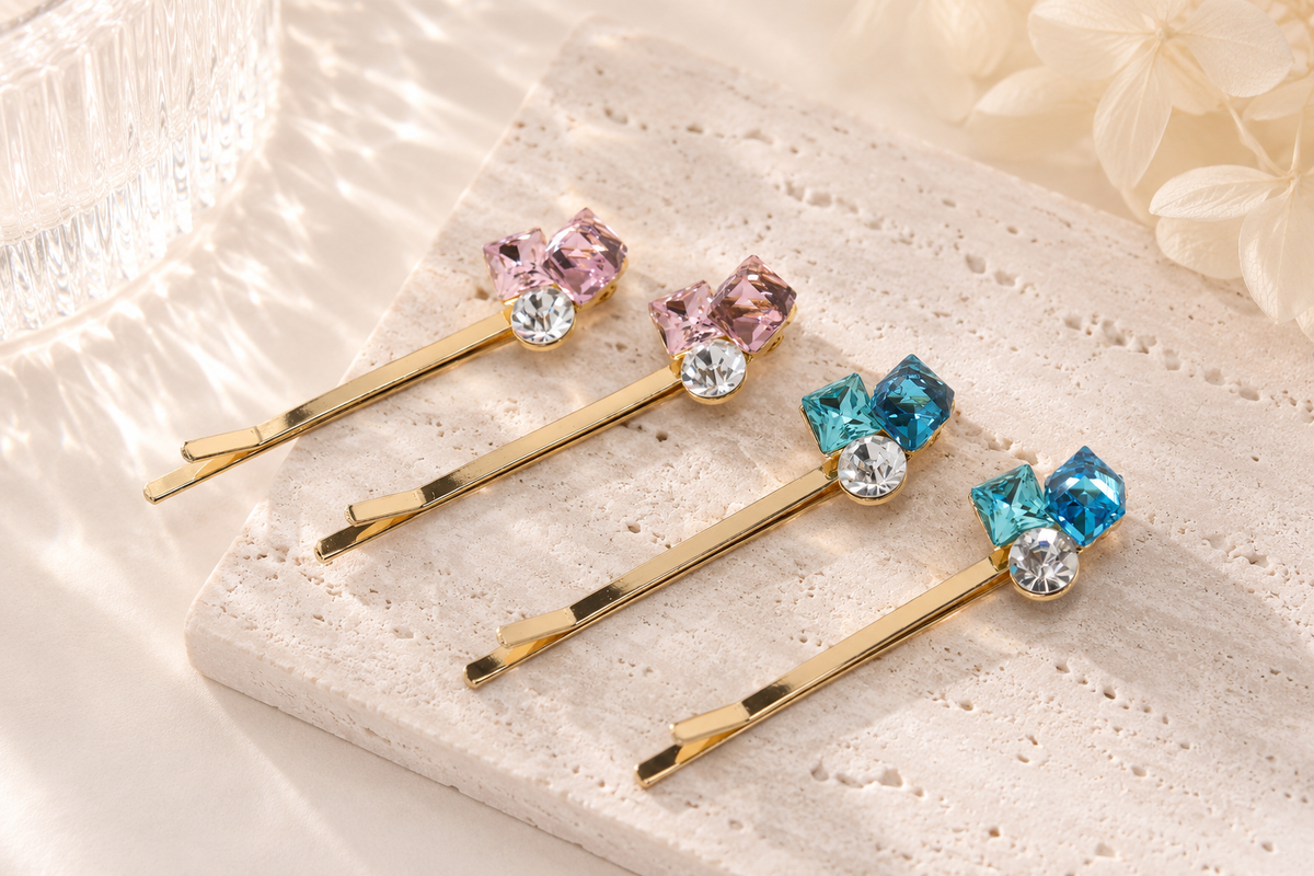 Crystal Bow Hair Pins – Set of 2 Sparkly Gold Bobby Pins, Pink or Blue