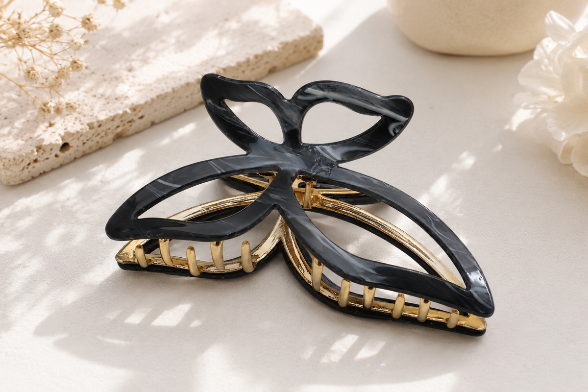 Acetate Butterfly Hair Claw Clip with Gold Alloy Base – Elegant Large Hair Clip for Women