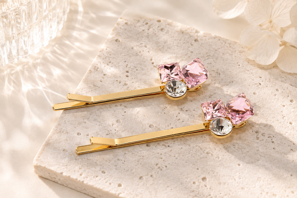 Crystal Bow Hair Pins – Set of 2 Sparkly Gold Bobby Pins, Pink or Blue