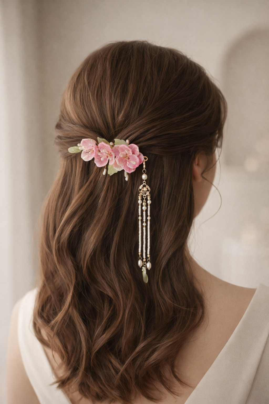 Blush Blossom Hair Clip with Detachable Pearl Tassel