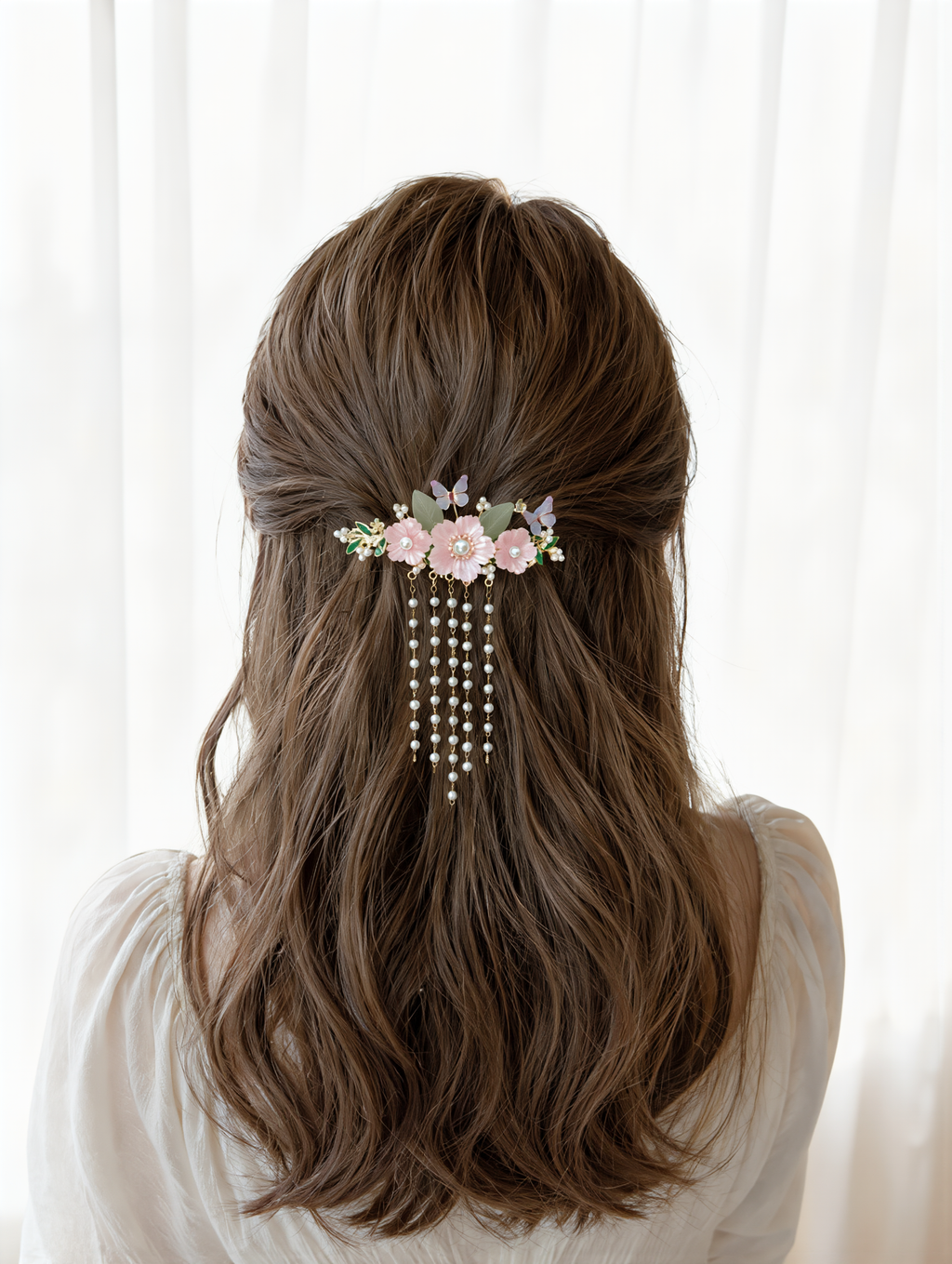 Pink Floral Half-Up Hair Clip with Butterflies & Pearls – Romantic Flower Barrette