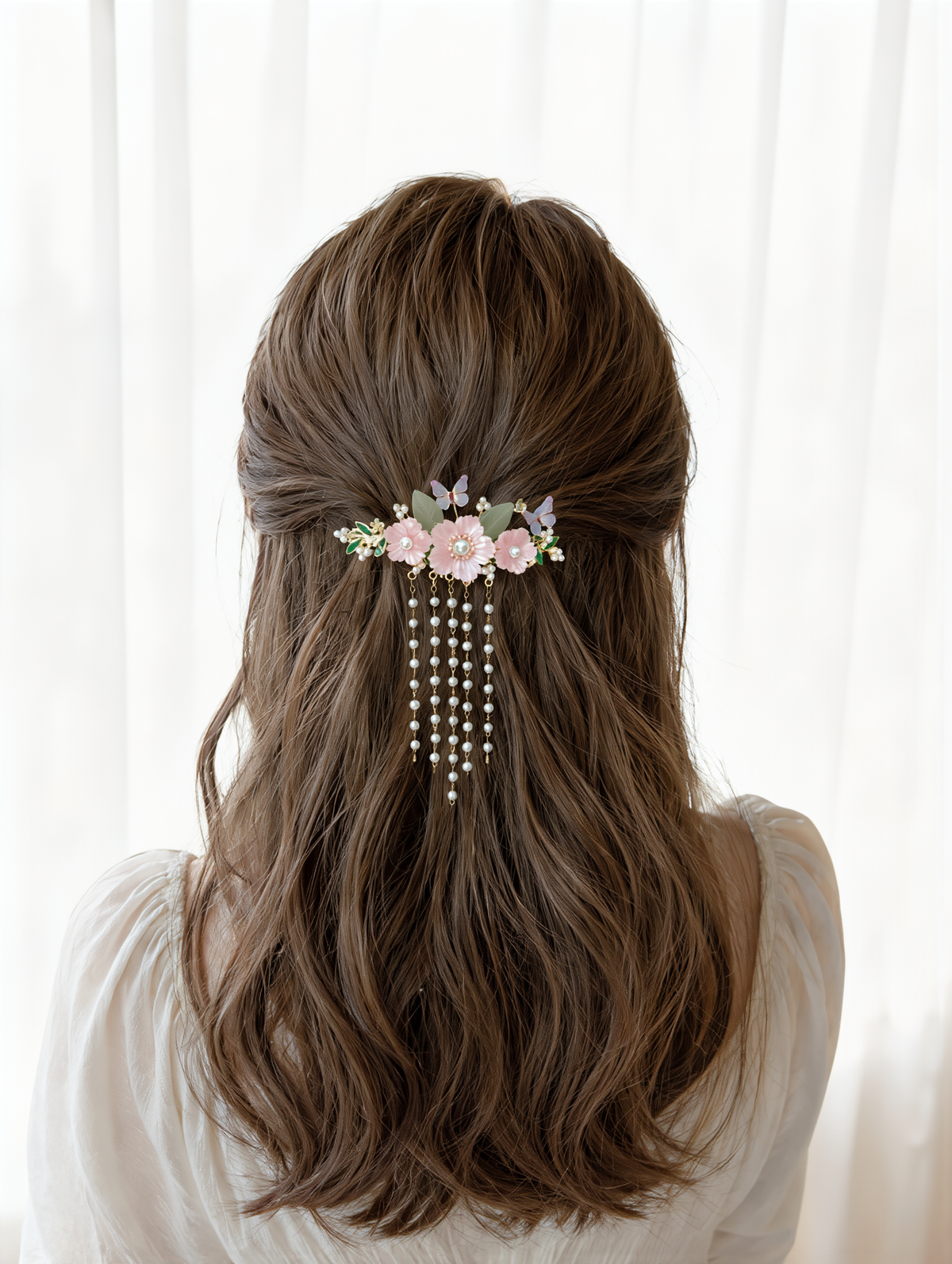 Pink Floral Half-Up Hair Clip with Butterflies & Pearls – Romantic Flower Barrette