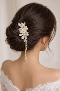 Ivory Floral Bridal Hair Clip with Pearl Tassel | Wedding Hair Accessory