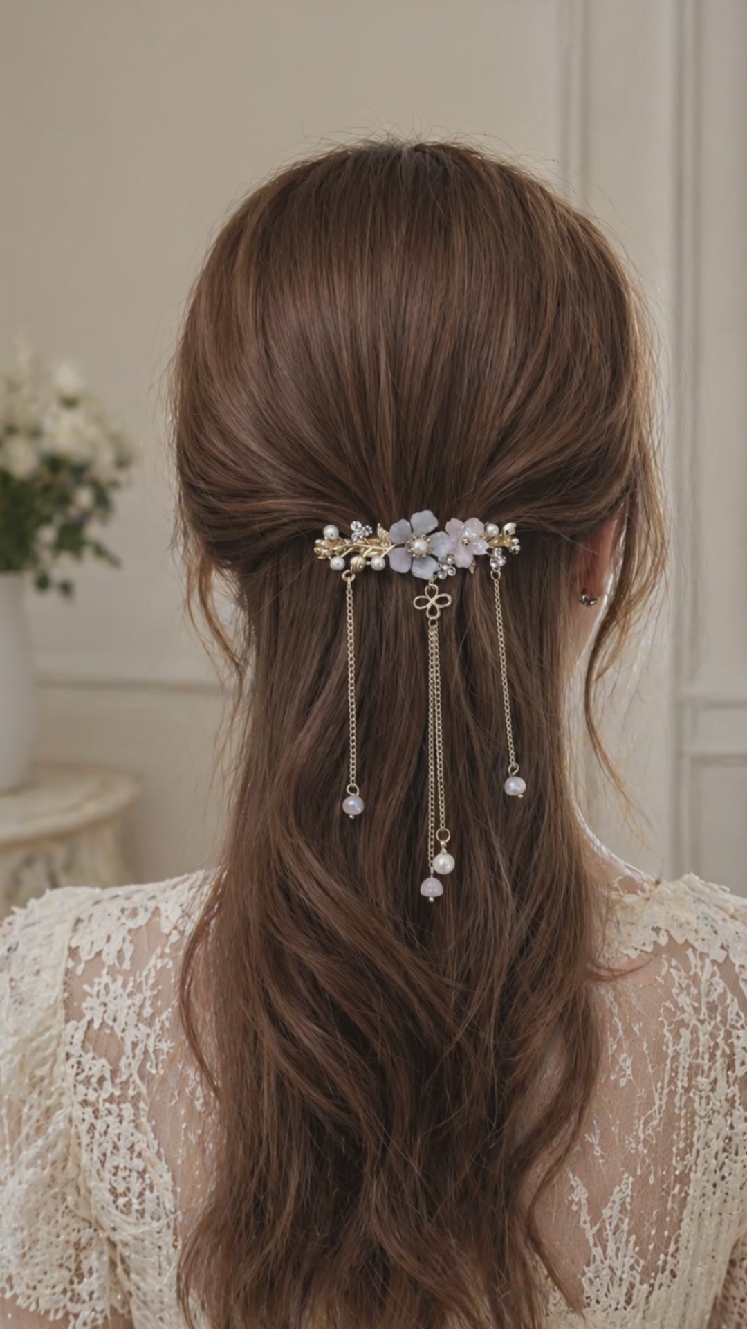 Floral Pearl Barrette with Dangling Gold Chains – Romantic Bridal Hair Clip