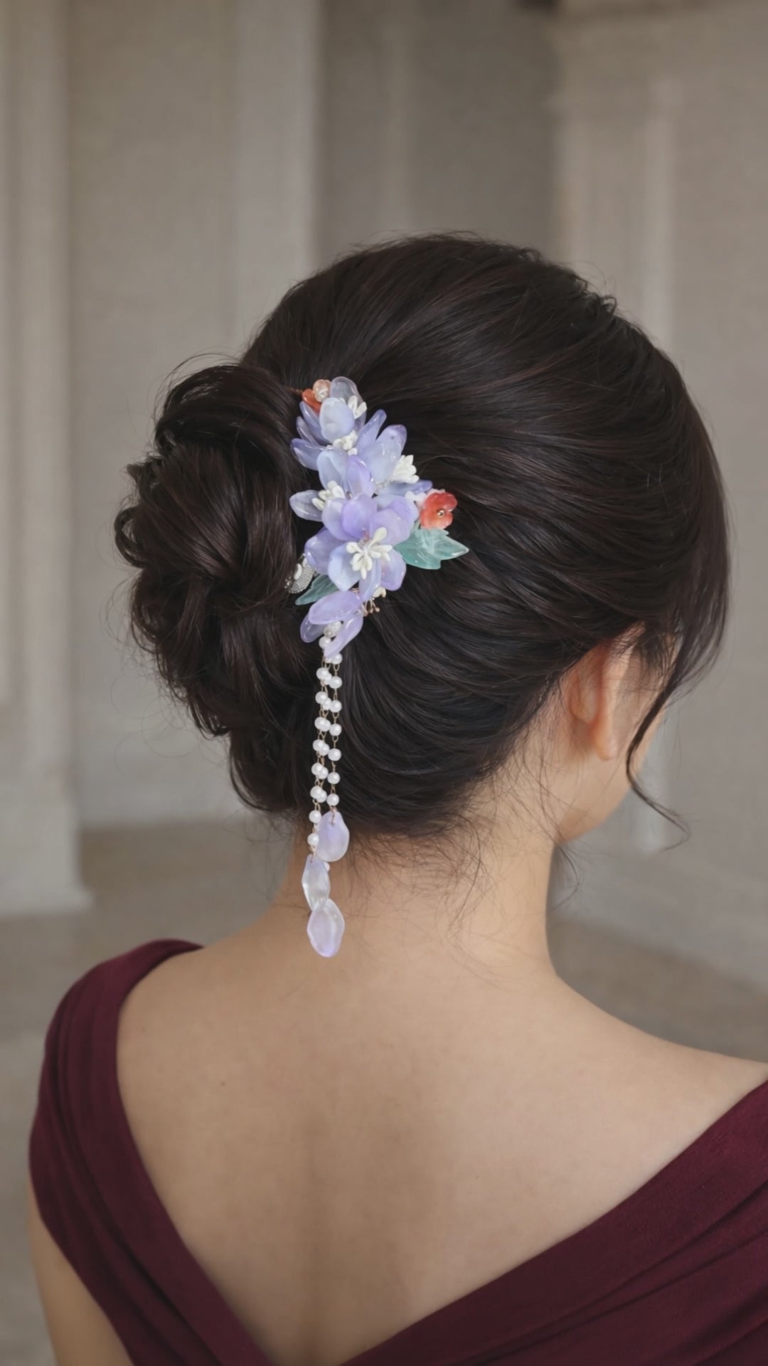 Lavender Floral Bridal Hair Clip with Pearl Tassel | Wedding Hair Accessory