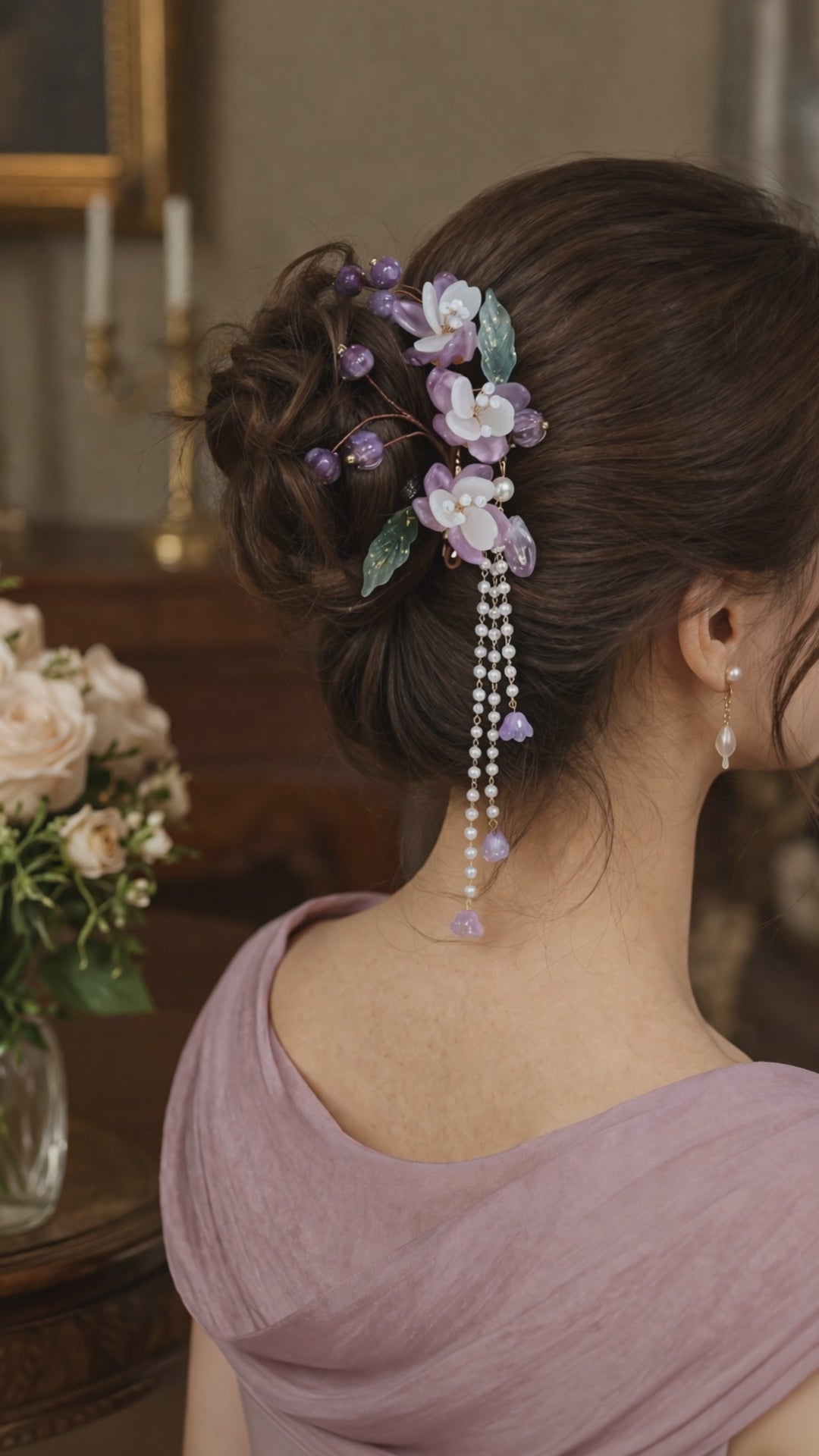 Purple Floral Bridal Hair Clip with Pearl Tassel | Wedding Hair Accessory