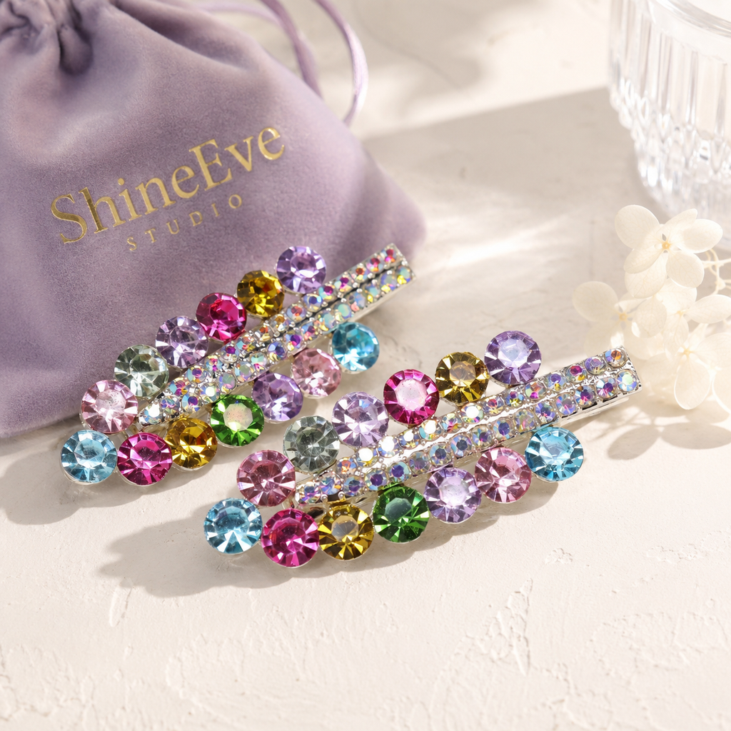Colorful Crystal Hair Clips – Set of 2 Sparkly Rhinestone Side Clips with Gift Box