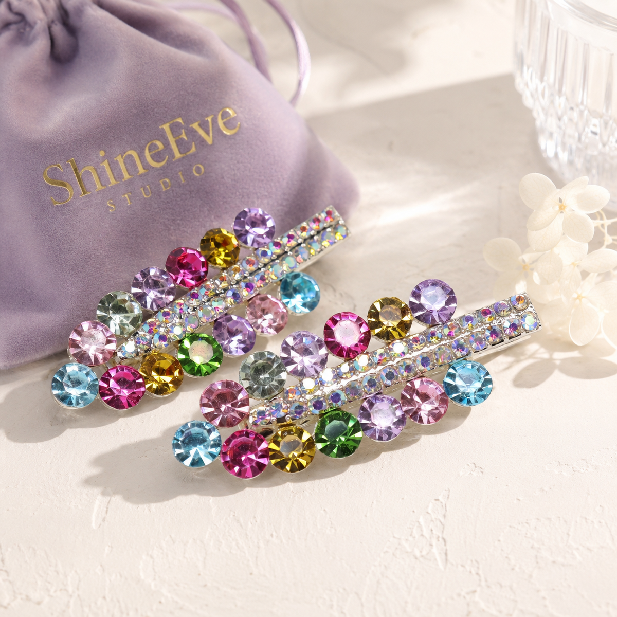 Colorful Crystal Hair Clips – Set of 2 Sparkly Rhinestone Side Clips with Gift Box
