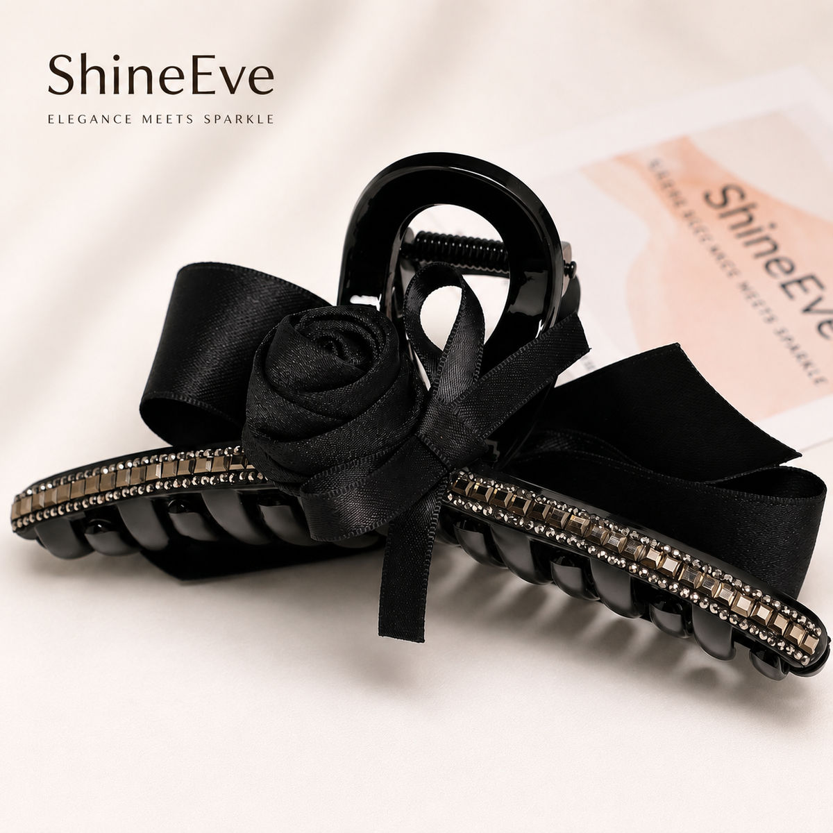Black Rose Bow Hair Claw Clip – Crystal Rhinestone Large Hair Clip, Elegant Romantic Hair Accessory