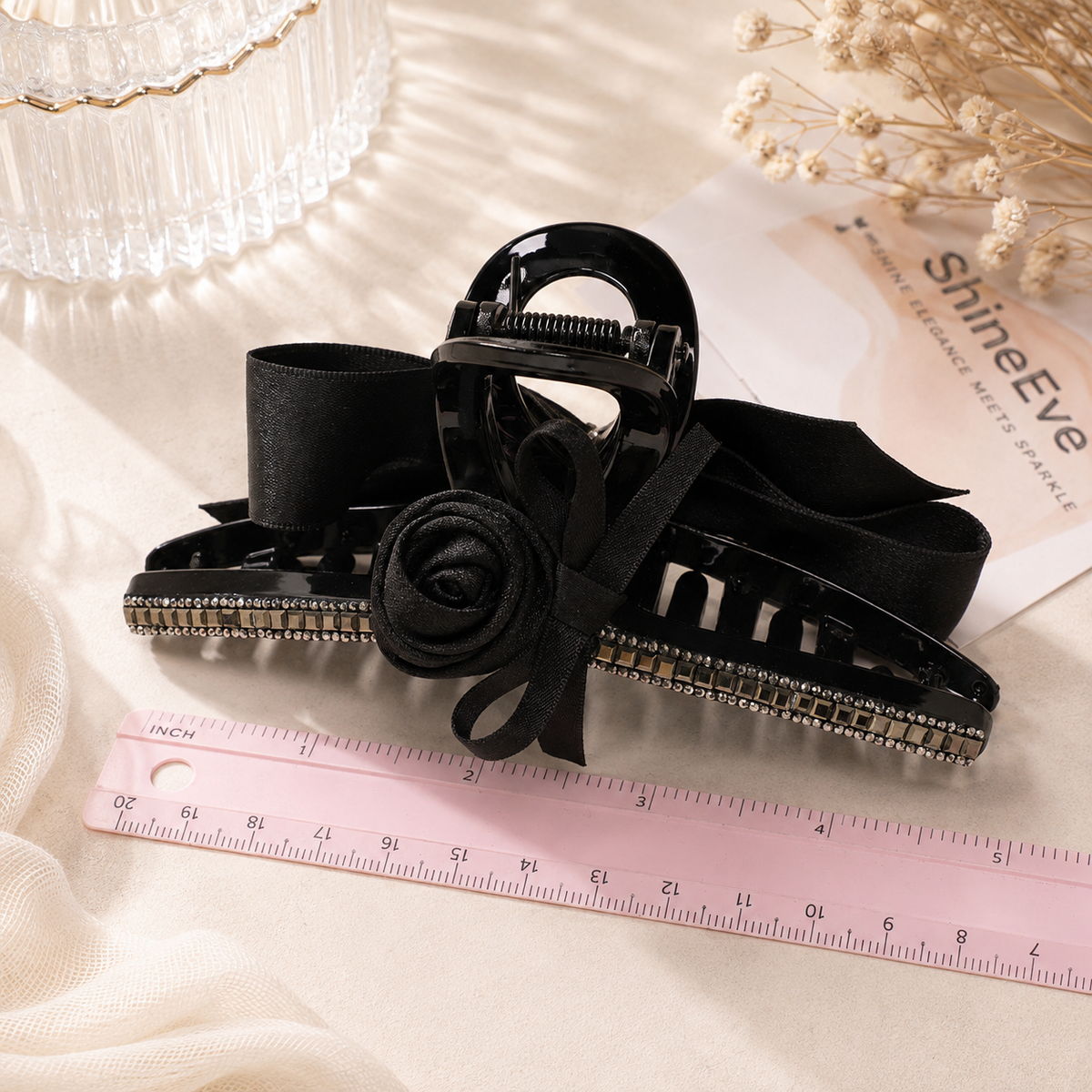 Black Rose Bow Hair Claw Clip – Crystal Rhinestone Large Hair Clip, Elegant Romantic Hair Accessory