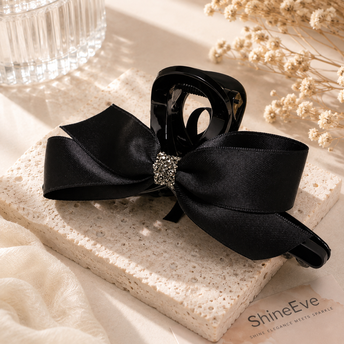 Black Rose Bow Hair Claw Clip – Crystal Rhinestone Large Hair Clip, Elegant Romantic Hair Accessory