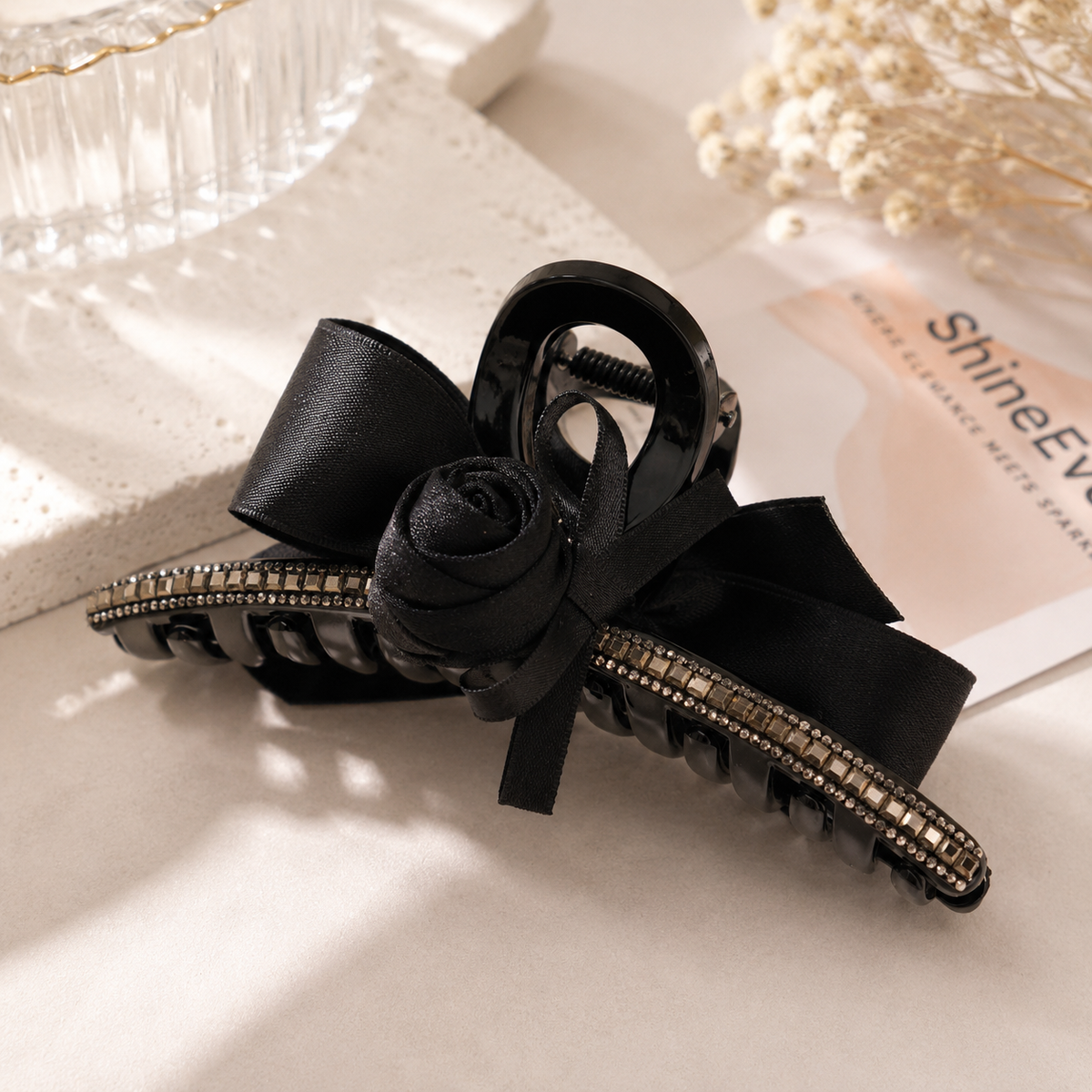 Black Rose Bow Hair Claw Clip – Crystal Rhinestone Large Hair Clip, Elegant Romantic Hair Accessory