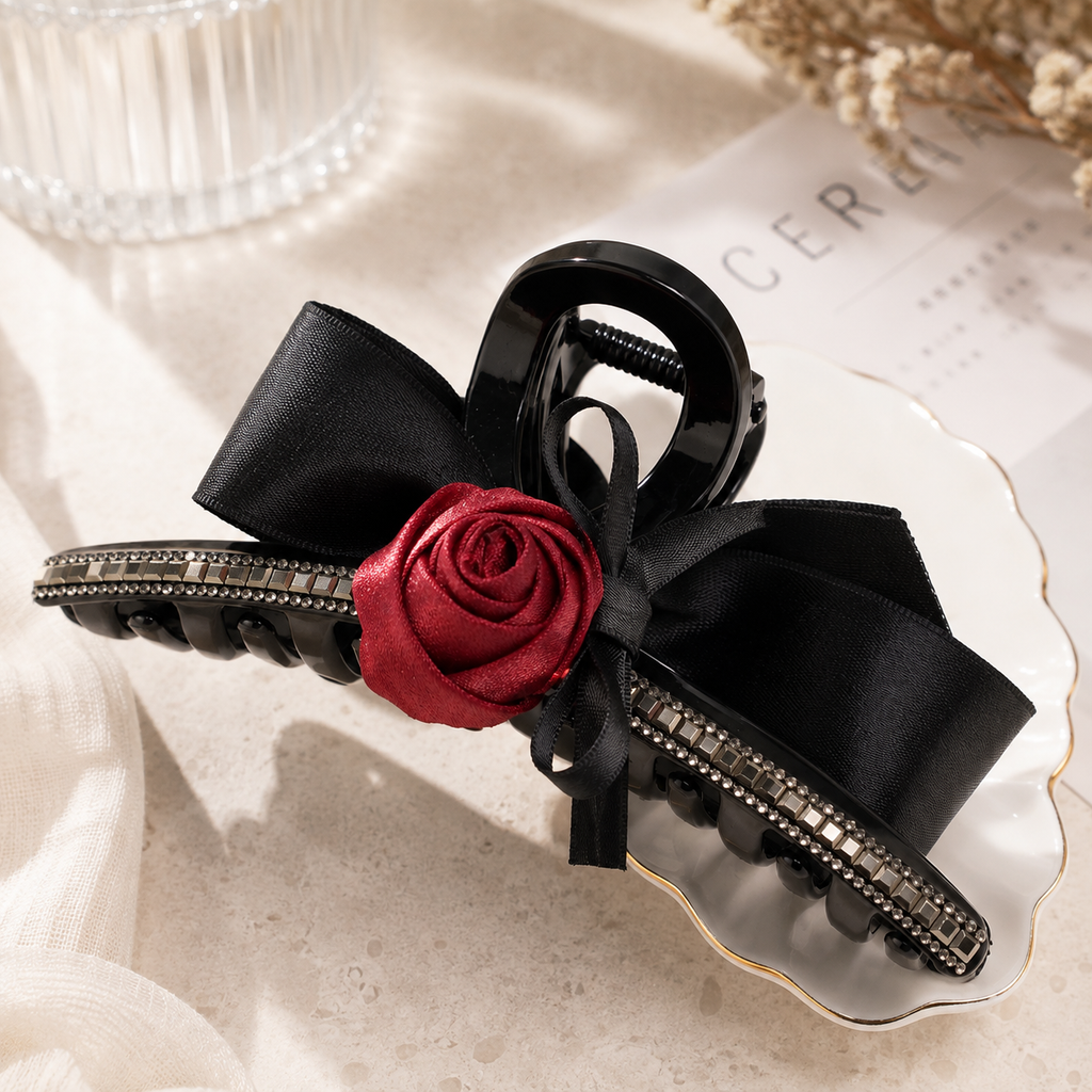 Black Rose Bow Hair Claw Clip – Crystal Rhinestone Large Hair Clip, Elegant Romantic Hair Accessory