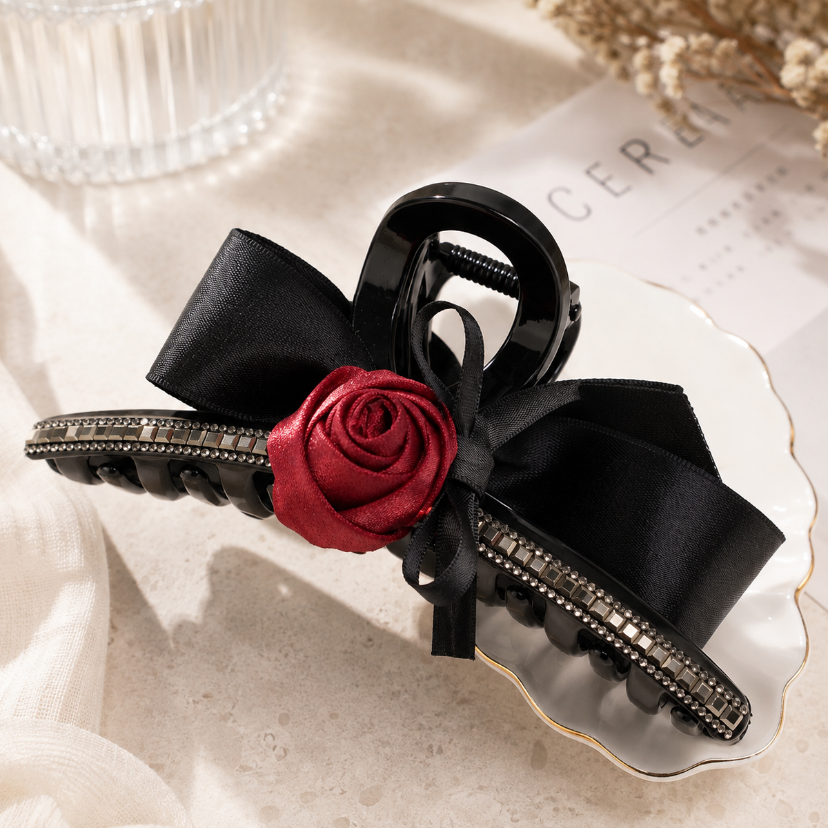 Black Rose Bow Hair Claw Clip – Crystal Rhinestone Large Hair Clip, Elegant Romantic Hair Accessory