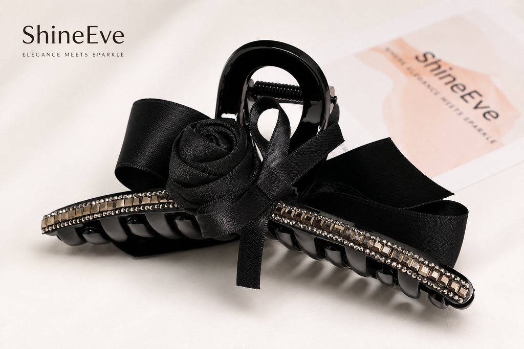 Black Rose Bow Hair Claw Clip – Crystal Rhinestone Large Hair Clip, Elegant Romantic Hair Accessory