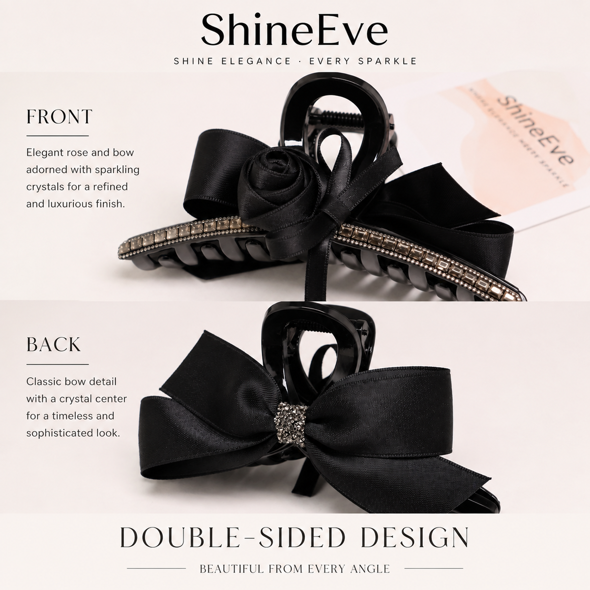 Black Rose Bow Hair Claw Clip – Crystal Rhinestone Large Hair Clip, Elegant Romantic Hair Accessory