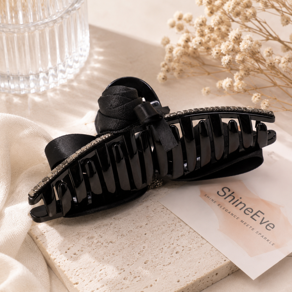 Black Rose Bow Hair Claw Clip – Crystal Rhinestone Large Hair Clip, Elegant Romantic Hair Accessory