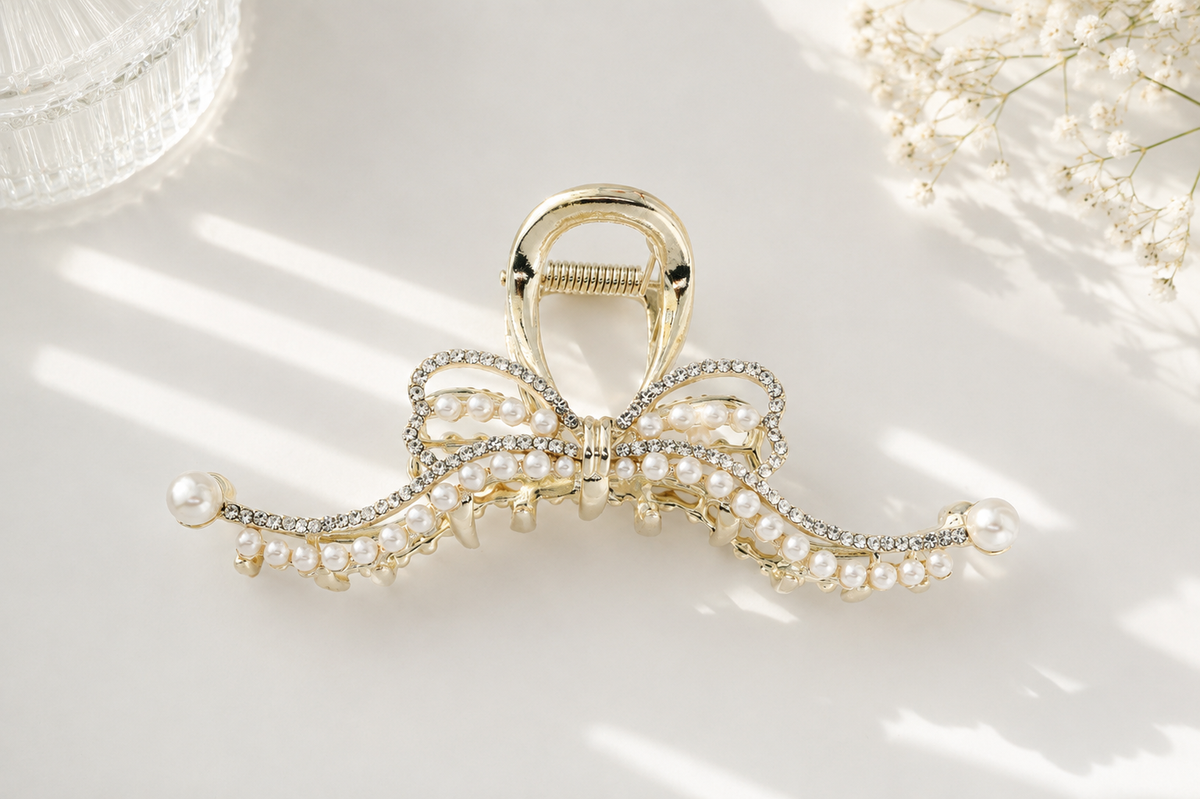 Pearl & Crystal Bow Hair Claw – 3 Elegant Styles