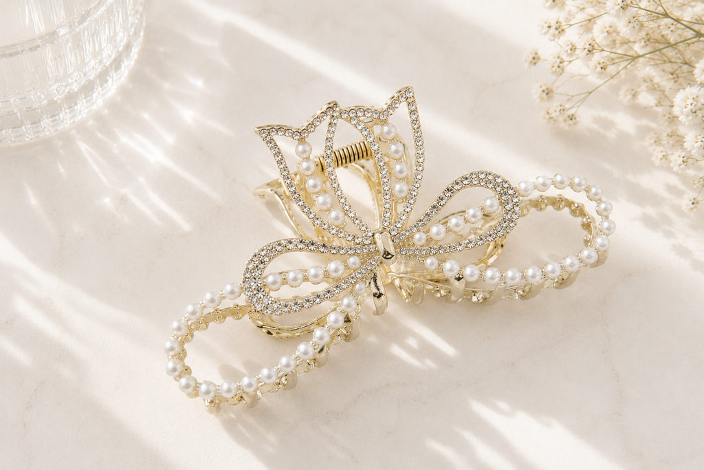 Pearl & Crystal Bow Hair Claw – 3 Elegant Styles