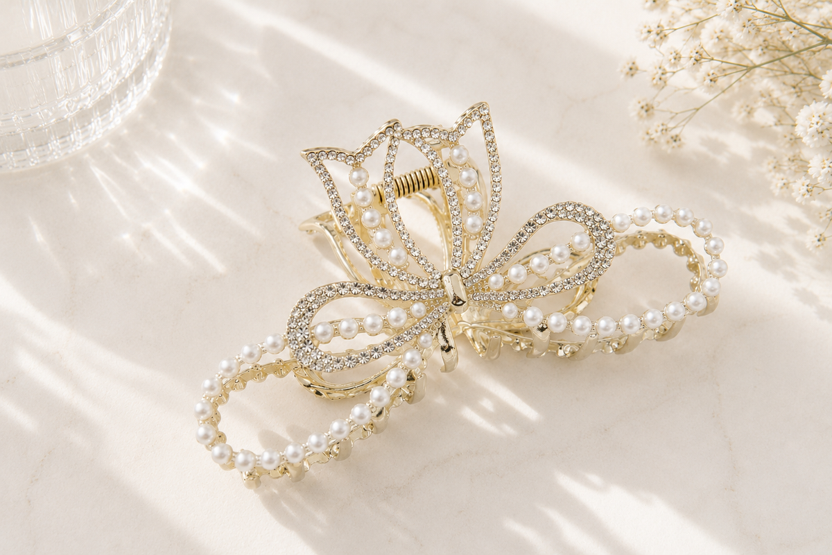 Pearl & Crystal Bow Hair Claw – 3 Elegant Styles